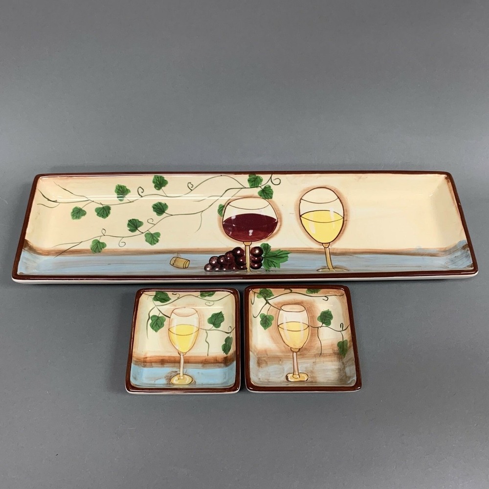 ND N D Hors d'oeuvre Hand Painted Serving Tray Grapes Olives Wine Glass Glasses‎